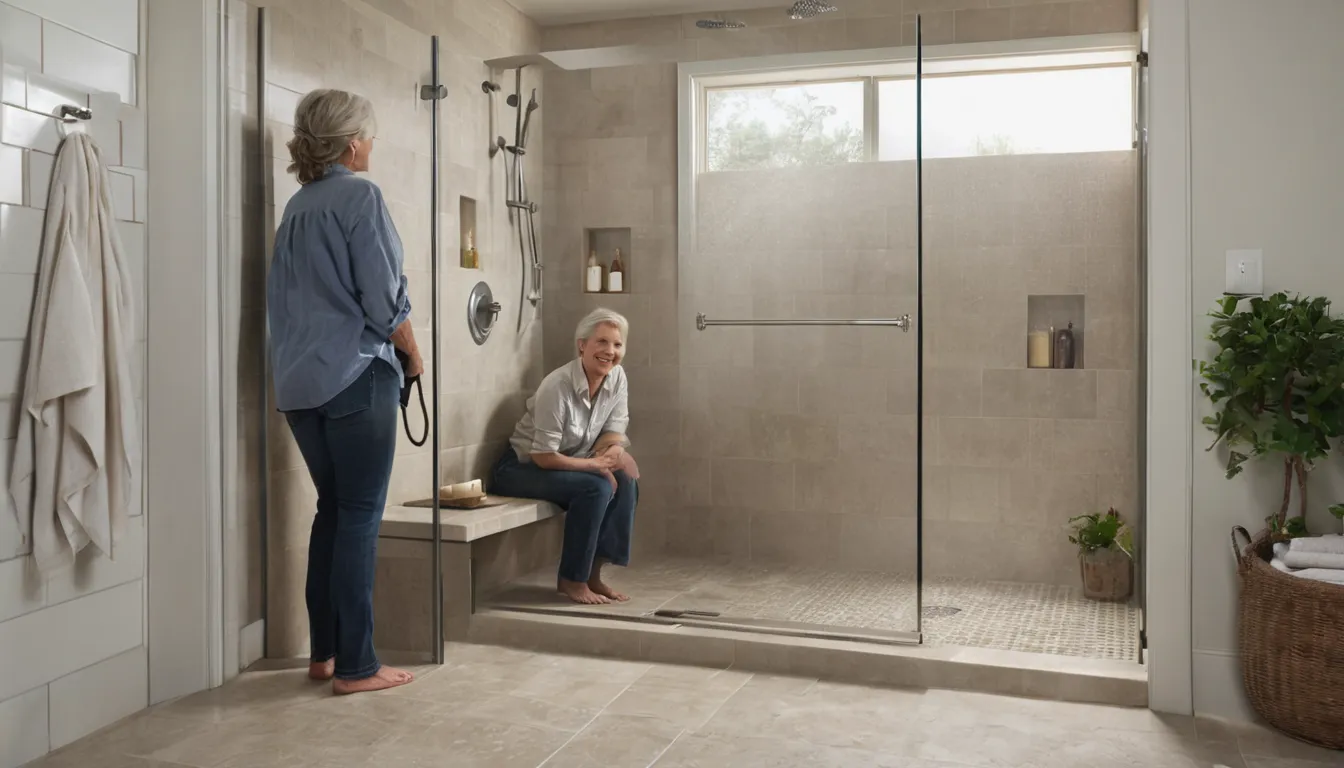 Smiling older homeowner stepping into a bright walk-in shower in a Peabody home